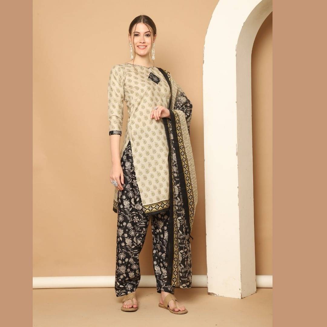 Rajnandini Women Cotton Blend Printed Straight Kurti With Patiala Salwar ( Beige ) Rajnandini Women Cotton Blend Printed Straight Kurti With Patiala Salwar ( Beige )