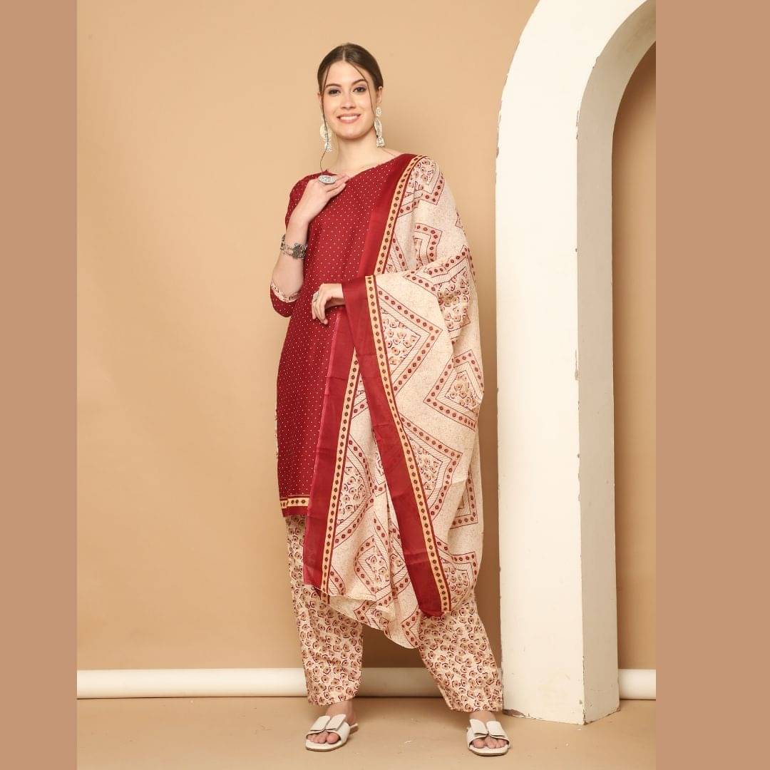 Rajnandini Women Cotton Blend Printed Straight Kurti With Patiala Salwar ( Maroon )     			Rajnandini Women Cotton Blend Printed Straight Kurti With Patiala Salwar ( Maroon )