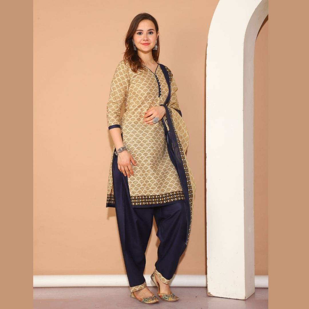 Rajnandini Women Cotton Blend Printed Straight Kurti With Patiala Salwar ( Beige ) Rajnandini Women Cotton Blend Printed Straight Kurti With Patiala Salwar ( Beige )