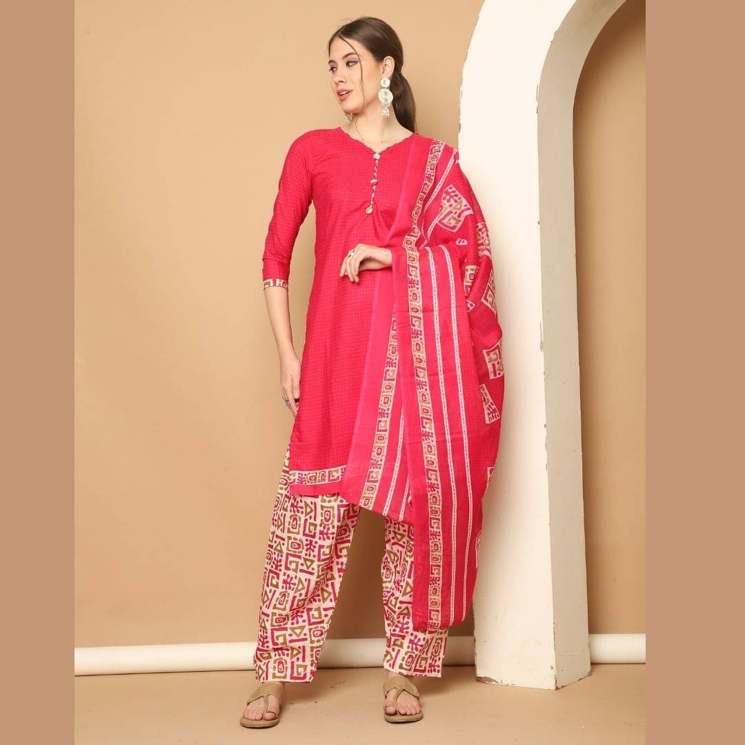 Rajnandini Women Cotton Blend Printed Straight Kurti With Patiala Salwar ( Pink ) Rajnandini Women Cotton Blend Printed Straight Kurti With Patiala Salwar ( Pink )