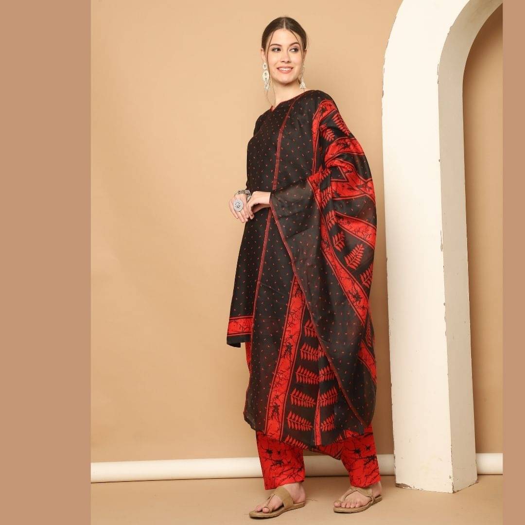     			Rajnandini Women Cotton Blend Printed Straight Kurti With Patiala Salwar ( Black )