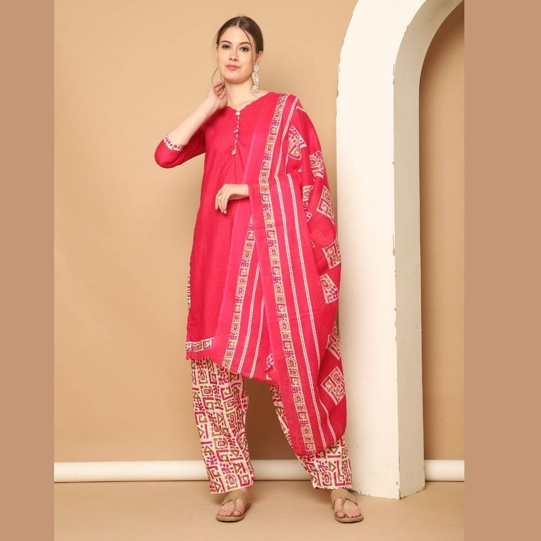 Rajnandini Women Cotton Blend Printed Straight Kurti With Patiala Salwar ( Pink ) Rajnandini Women Cotton Blend Printed Straight Kurti With Patiala Salwar ( Pink )