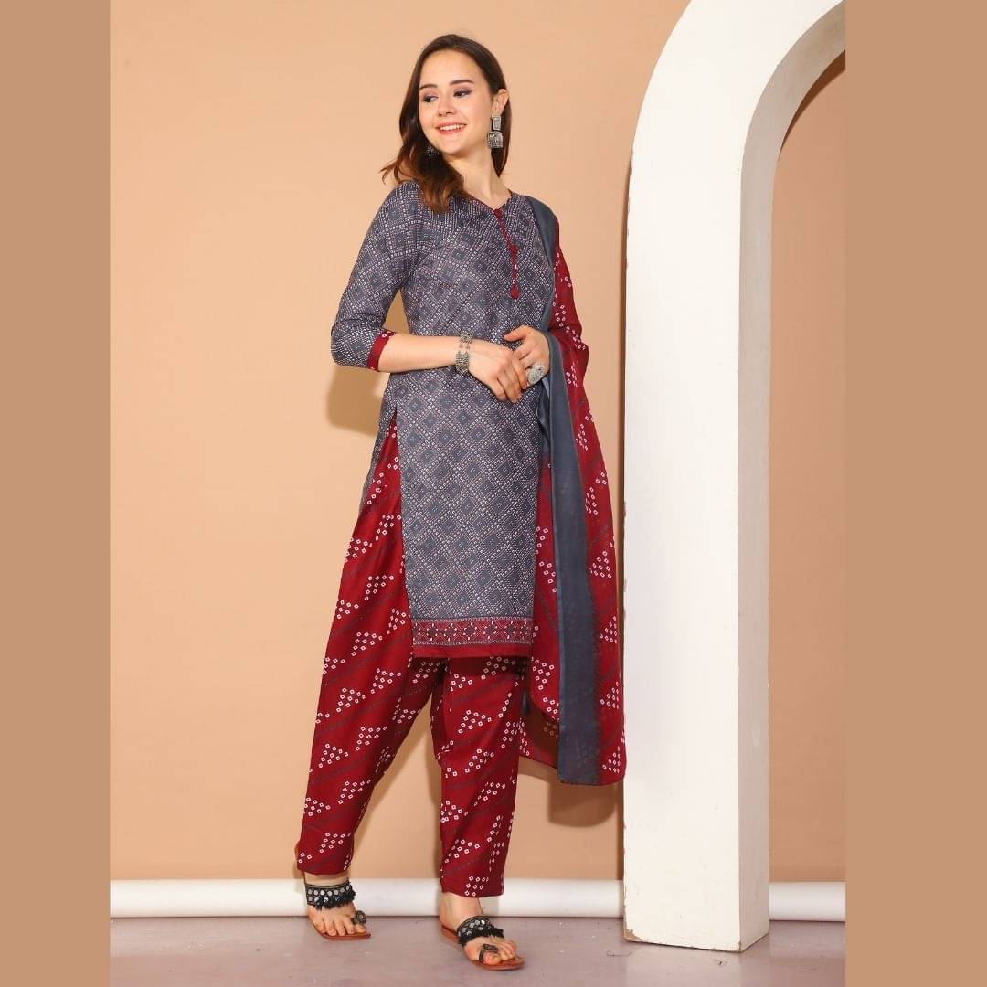 Rajnandini Women Cotton Blend Printed Straight Kurti With Patiala Salwar ( Grey )     			Rajnandini Women Cotton Blend Printed Straight Kurti With Patiala Salwar ( Grey )
