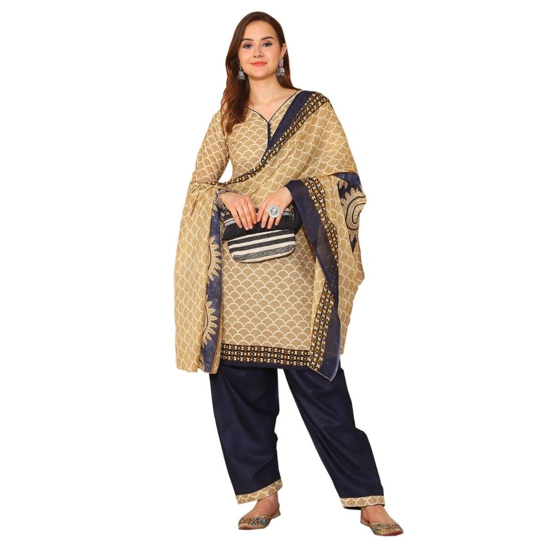     			Rajnandini Women Cotton Blend Printed Straight Kurti With Patiala Salwar ( Beige )