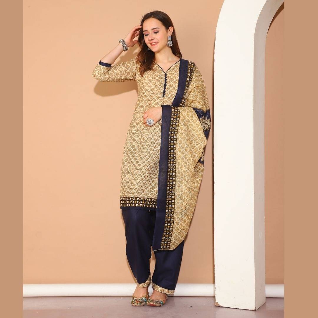     			Rajnandini Women Cotton Blend Printed Straight Kurti With Patiala Salwar ( Beige )
