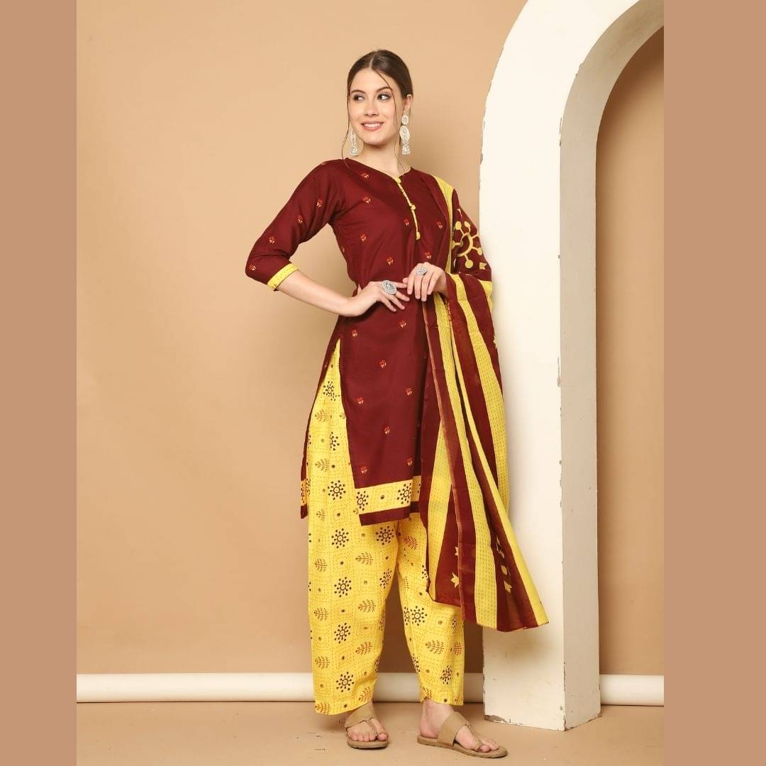 Rajnandini Women Cotton Blend Printed Straight Kurti With Patiala Salwar ( Maroon ) Rajnandini Women Cotton Blend Printed Straight Kurti With Patiala Salwar ( Maroon )