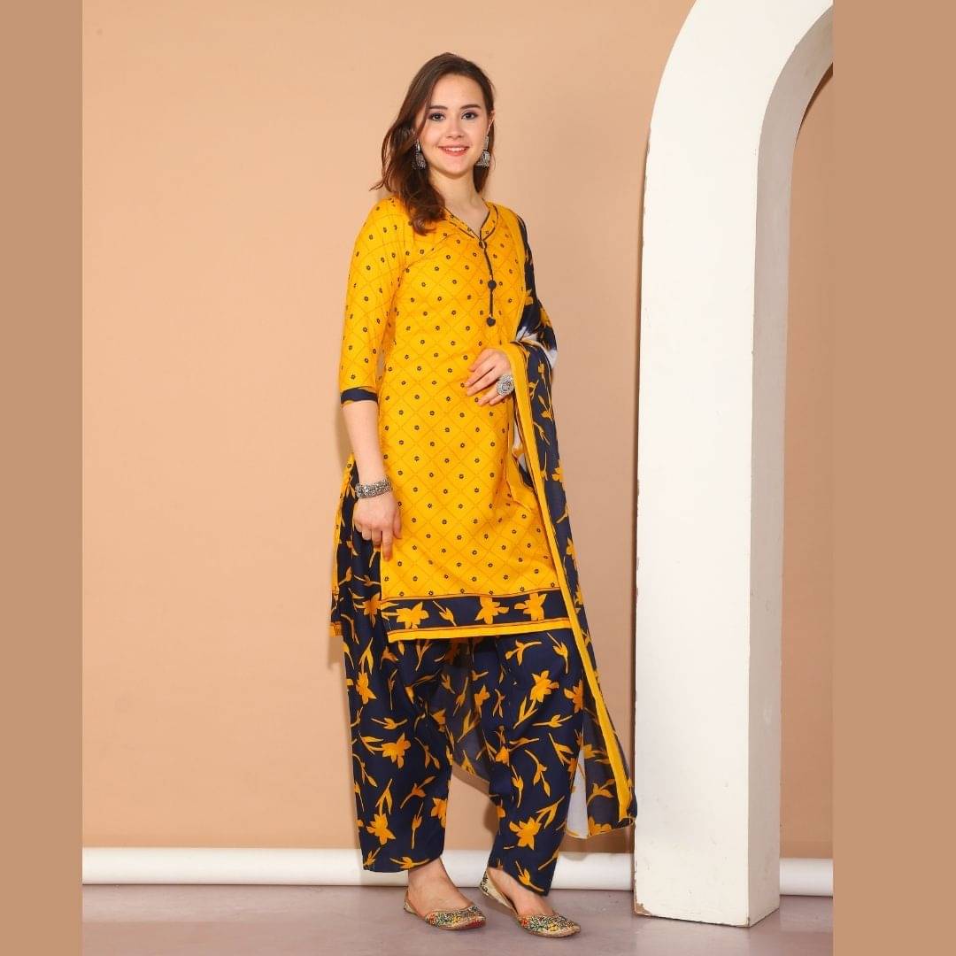     			Rajnandini Women Cotton Blend Printed Straight Kurti With Patiala Salwar ( Mustard )