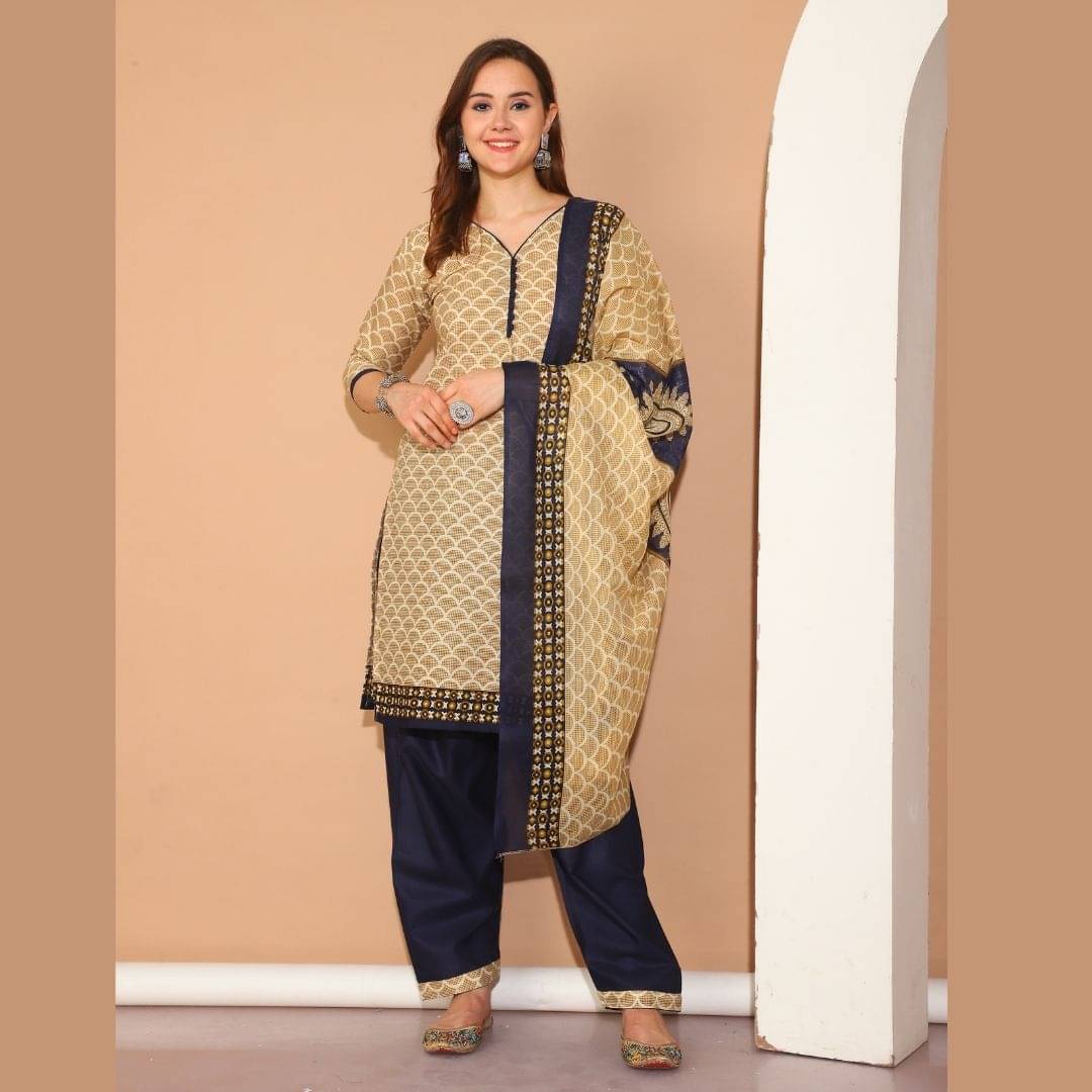     			Rajnandini Women Cotton Blend Printed Straight Kurti With Patiala Salwar ( Beige )