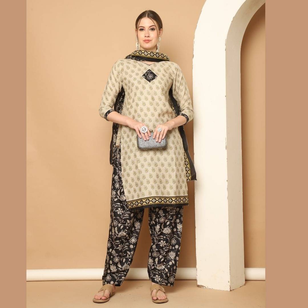     			Rajnandini Women Cotton Blend Printed Straight Kurti With Patiala Salwar ( Beige )