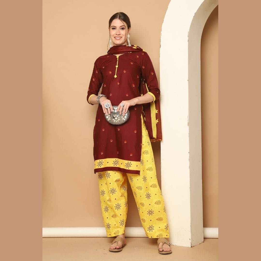 Rajnandini Women Cotton Blend Printed Straight Kurti With Patiala Salwar ( Maroon ) Rajnandini Women Cotton Blend Printed Straight Kurti With Patiala Salwar ( Maroon )