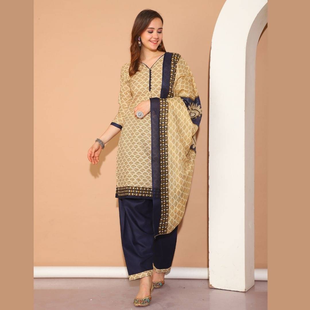 Rajnandini Women Cotton Blend Printed Straight Kurti With Patiala Salwar ( Beige )     			Rajnandini Women Cotton Blend Printed Straight Kurti With Patiala Salwar ( Beige )