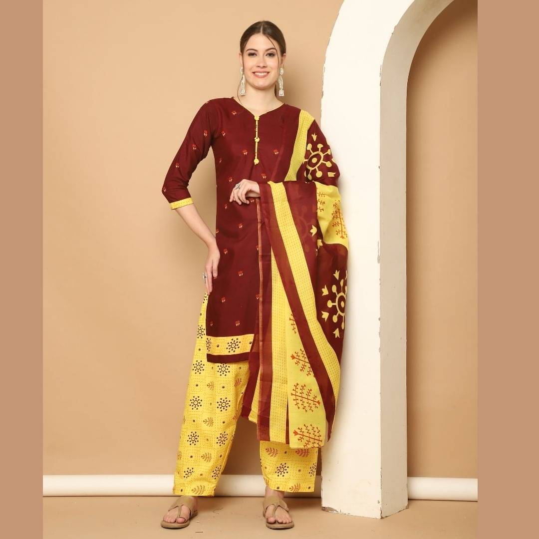 Rajnandini Women Cotton Blend Printed Straight Kurti With Patiala Salwar ( Maroon ) Rajnandini Women Cotton Blend Printed Straight Kurti With Patiala Salwar ( Maroon )