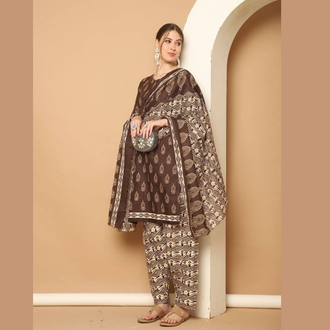 Rajnandini Women Cotton Blend Printed Straight Kurti With Patiala Salwar ( Brown ) Rajnandini Women Cotton Blend Printed Straight Kurti With Patiala Salwar ( Brown )