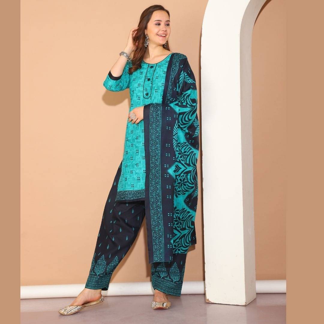 Rajnandini Women Cotton Blend Printed Straight Kurti With Patiala Salwar ( Green ) Rajnandini Women Cotton Blend Printed Straight Kurti With Patiala Salwar ( Green )