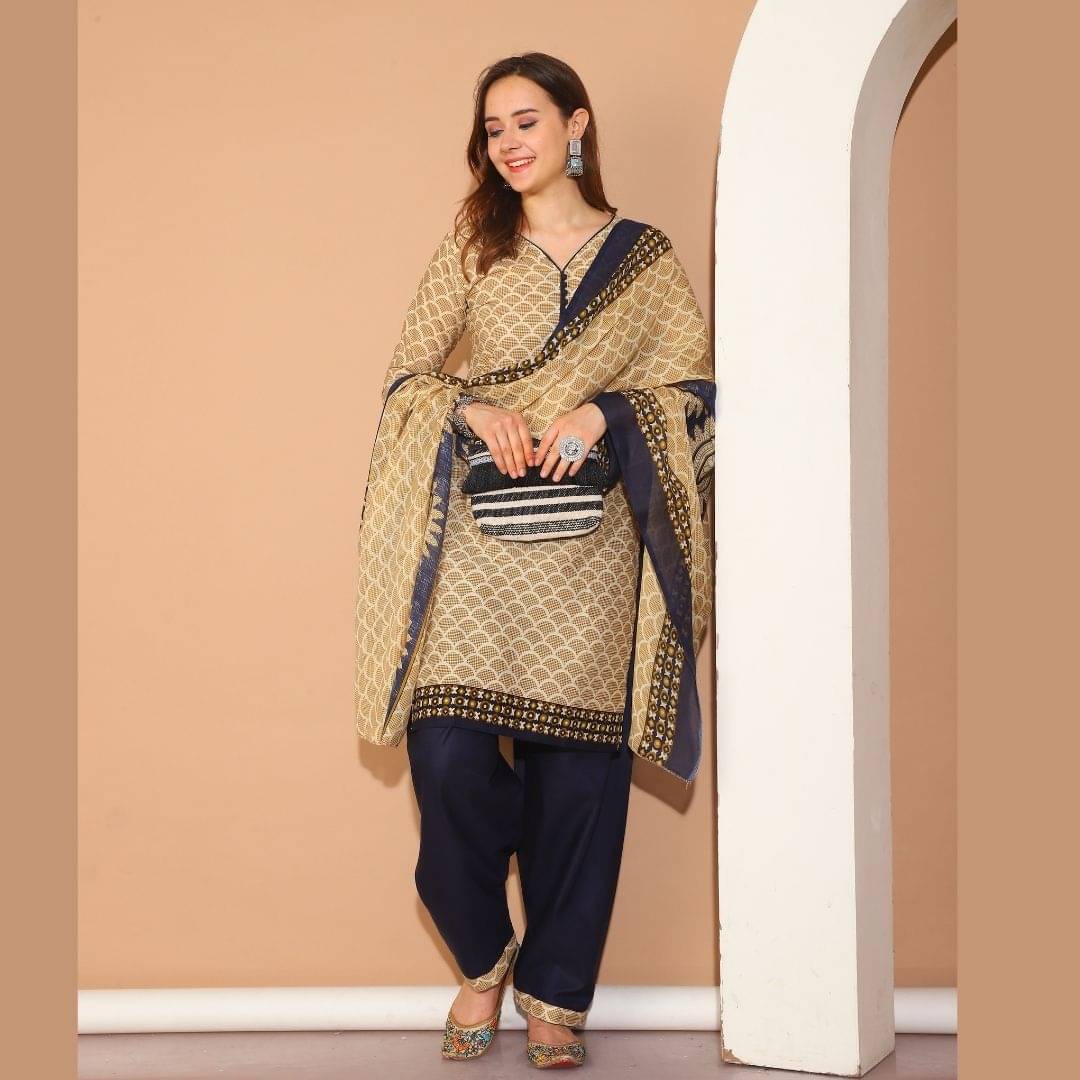     			Rajnandini Women Cotton Blend Printed Straight Kurti With Patiala Salwar ( Beige )