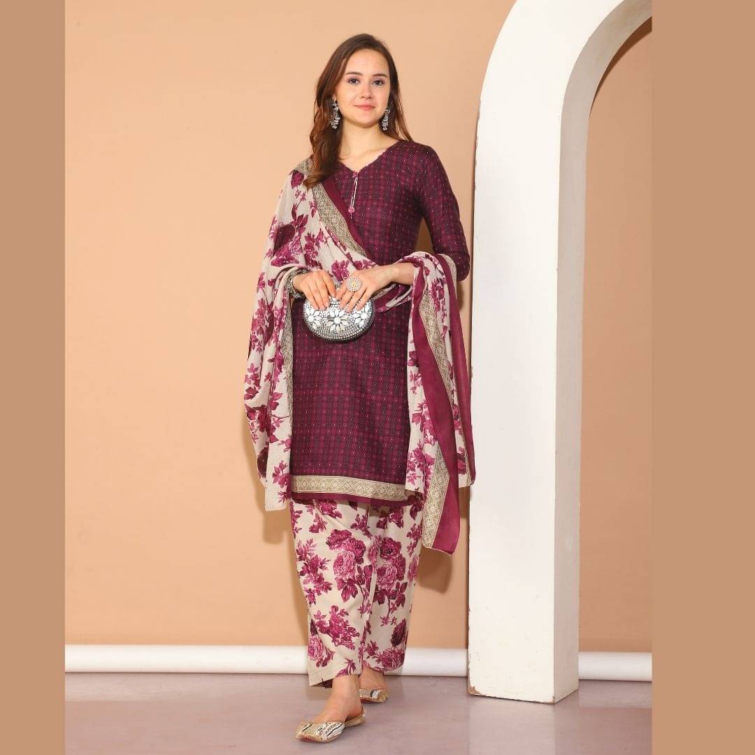     			Rajnandini Women Cotton Blend Printed Straight Kurti With Patiala Salwar ( Purple )