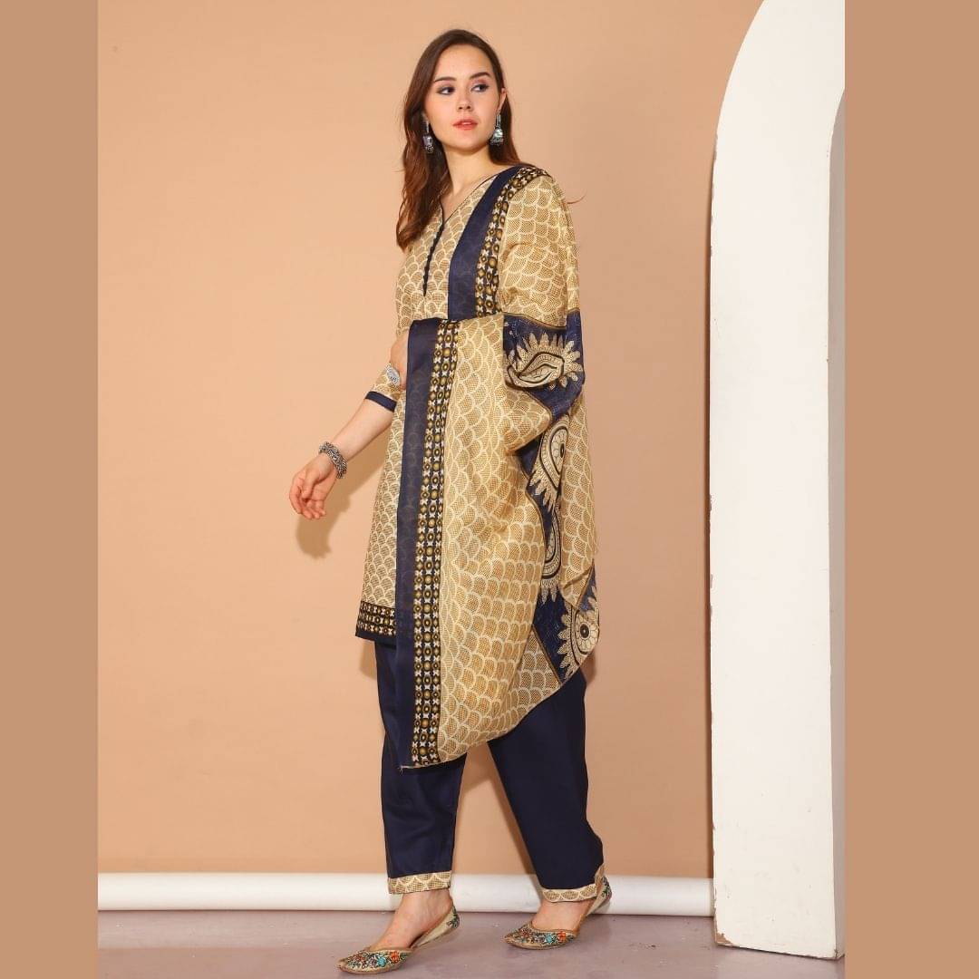 Rajnandini Women Cotton Blend Printed Straight Kurti With Patiala Salwar ( Beige ) Rajnandini Women Cotton Blend Printed Straight Kurti With Patiala Salwar ( Beige )