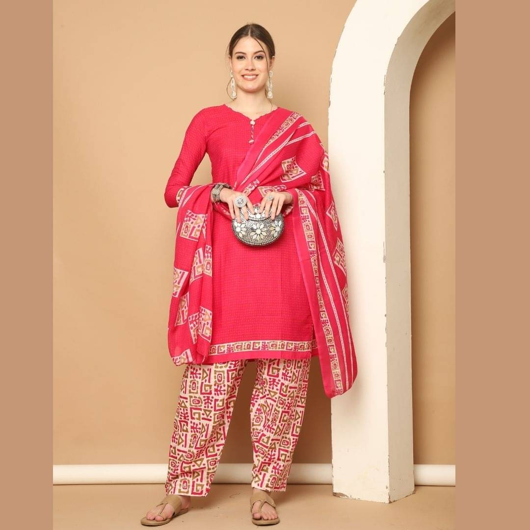 Rajnandini Women Cotton Blend Printed Straight Kurti With Patiala Salwar ( Pink ) Rajnandini Women Cotton Blend Printed Straight Kurti With Patiala Salwar ( Pink )