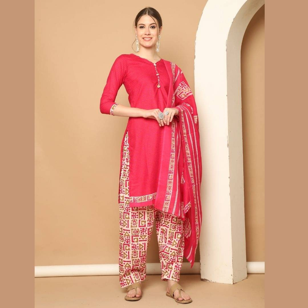 Rajnandini Women Cotton Blend Printed Straight Kurti With Patiala Salwar ( Pink ) Rajnandini Women Cotton Blend Printed Straight Kurti With Patiala Salwar ( Pink )