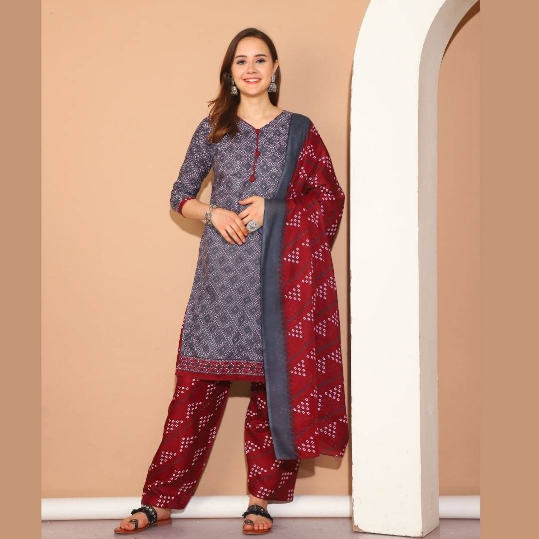 Rajnandini Women Cotton Blend Printed Straight Kurti With Patiala Salwar ( Grey ) Rajnandini Women Cotton Blend Printed Straight Kurti With Patiala Salwar ( Grey )