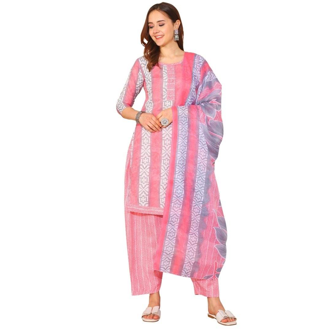     			Rajnandini Women Cotton Blend Printed Straight Kurti With Patiala Salwar ( Peach )