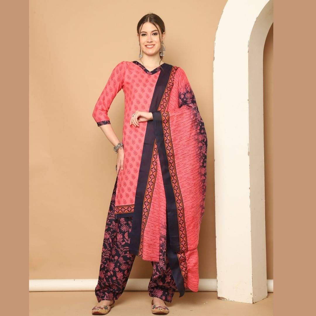     			Rajnandini Cotton Blend Printed Kurti With Patiala Women's Stitched Salwar Suit - Pink ( Pack of 1 )