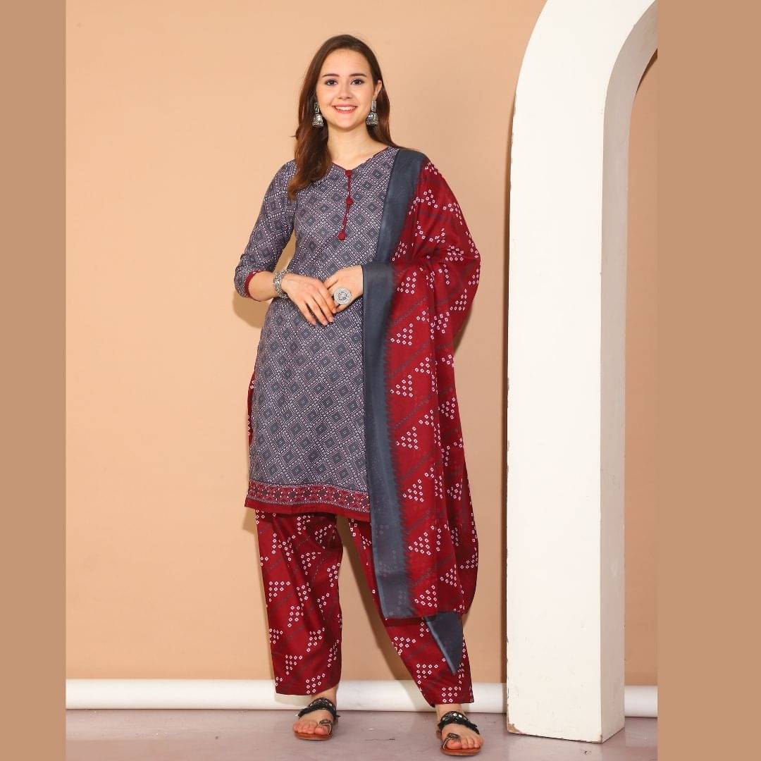 Rajnandini Women Cotton Blend Printed Straight Kurti With Patiala Salwar ( Grey )     			Rajnandini Women Cotton Blend Printed Straight Kurti With Patiala Salwar ( Grey )