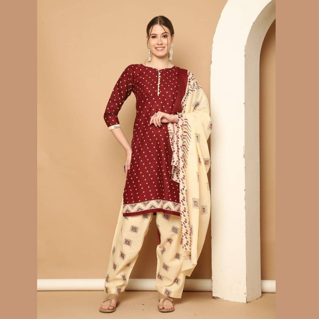 Rajnandini Women Cotton Blend Printed Straight Kurti With Patiala Salwar ( Maroon ) Rajnandini Women Cotton Blend Printed Straight Kurti With Patiala Salwar ( Maroon )