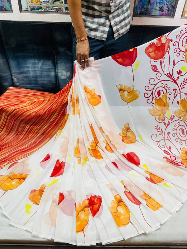 Sanjana Silks Georgette Printed Saree With Unstitched Blouse Piece ( Orange ) Sanjana Silks Georgette Printed Saree With Unstitched Blouse Piece ( Orange )