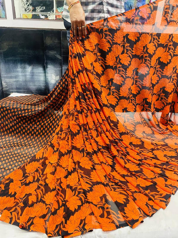 Sanjana Silks Georgette Printed Saree With Unstitched Blouse Piece ( Orange ) Sanjana Silks Georgette Printed Saree With Unstitched Blouse Piece ( Orange )