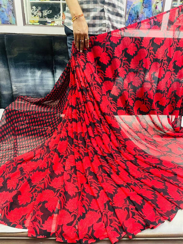     			Sanjana Silks Georgette Printed Saree With Unstitched Blouse Piece ( Red )