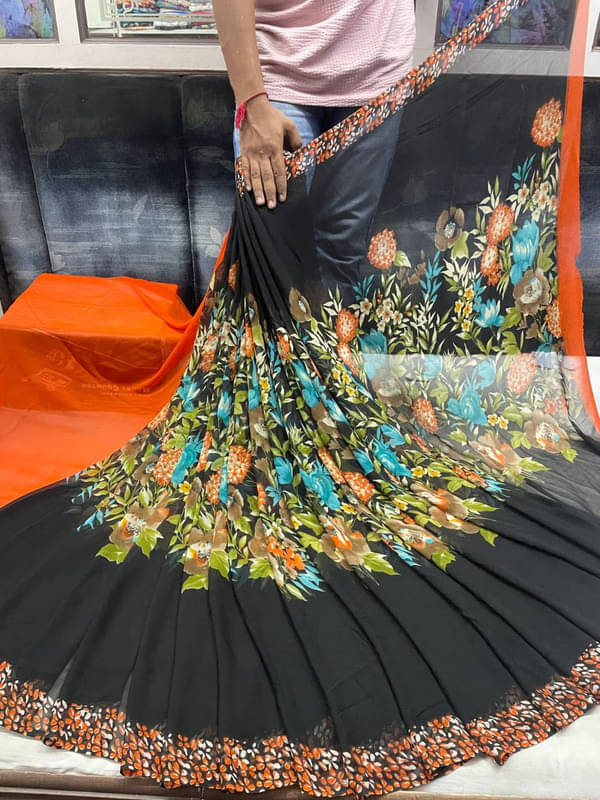 Sanjana Silks Georgette Printed Saree With Unstitched Blouse Piece ( Orange ) Sanjana Silks Georgette Printed Saree With Unstitched Blouse Piece ( Orange )