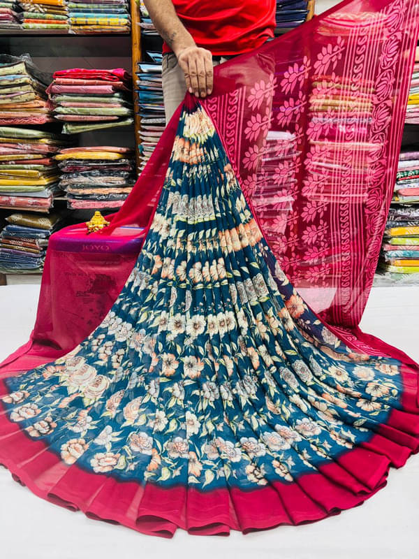 Sanjana Silks Georgette Printed Saree With Unstitched Blouse Piece ( Rama )     			Sanjana Silks Georgette Printed Saree With Unstitched Blouse Piece ( Rama )