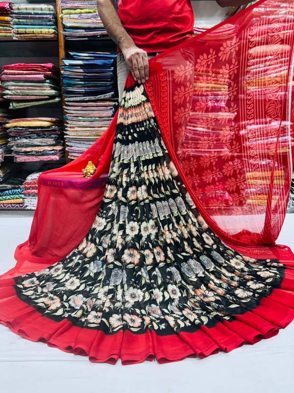 Sanwariya Silks Georgette Printed Saree With Unstitched Blouse Piece ( Black ) - Sarees | Buy online on ZillyBuy