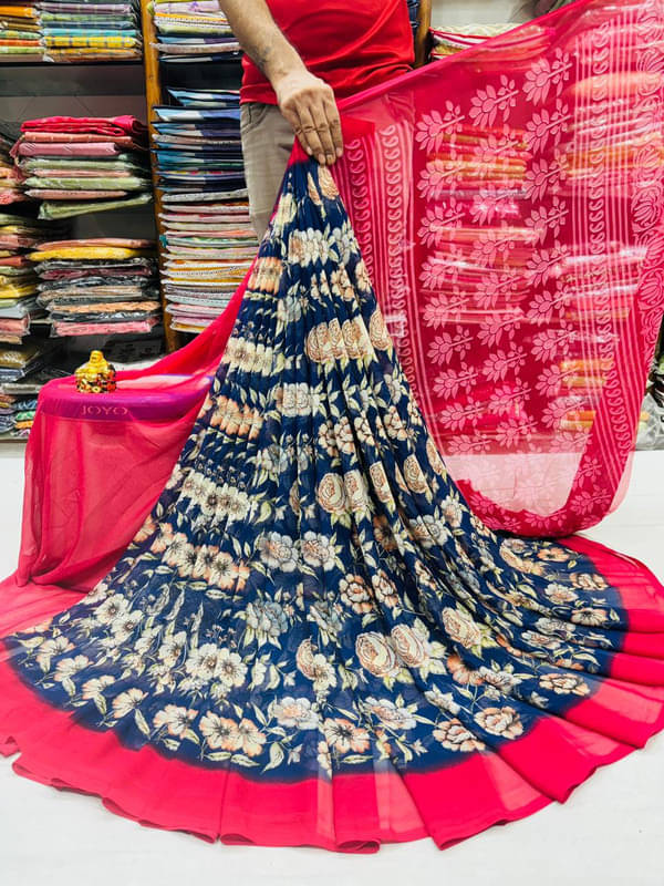     			Sanwariya Silks Georgette Printed Saree With Unstitched Blouse Piece ( Navy Blue )