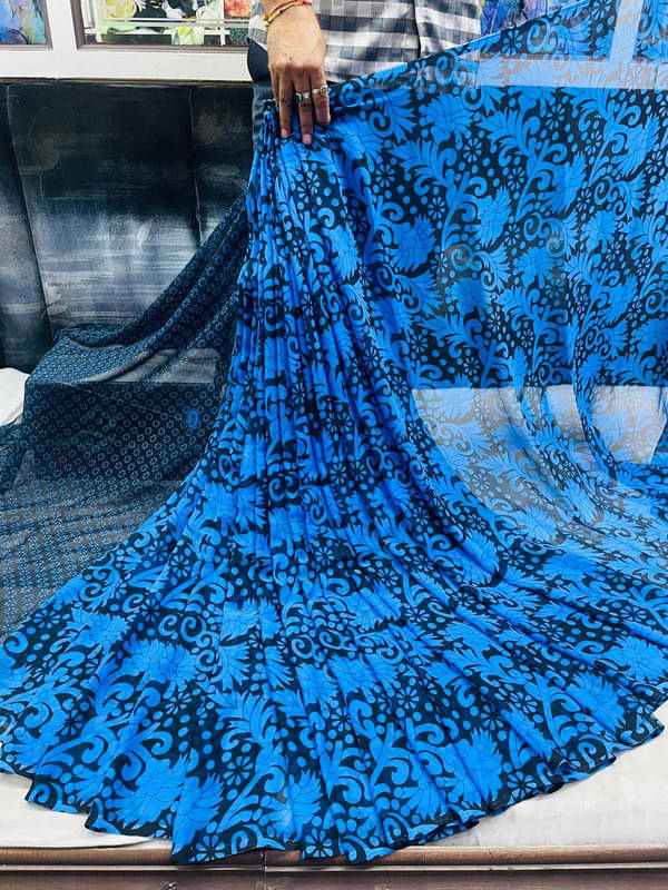     			Sitanjali Georgette Printed Saree With Unstitched Blouse Piece ( Blue )