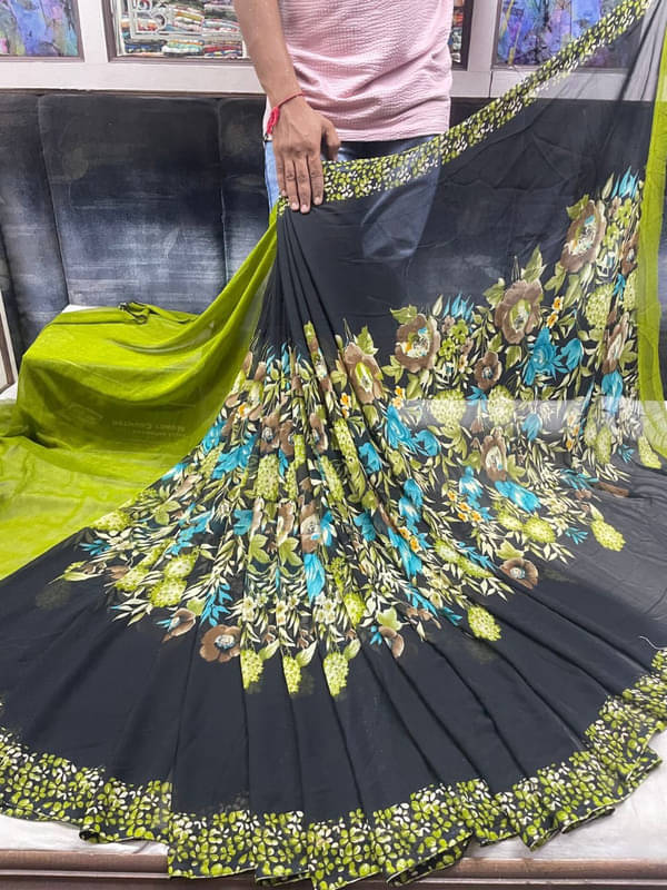     			Sitanjali Georgette Printed Saree With Unstitched Blouse Piece ( Lime Green )