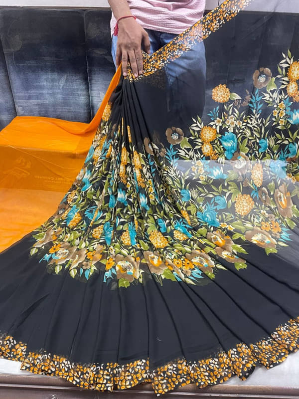 Sitanjali Georgette Printed Saree With Unstitched Blouse Piece ( Yellow )     			Sitanjali Georgette Printed Saree With Unstitched Blouse Piece ( Yellow )