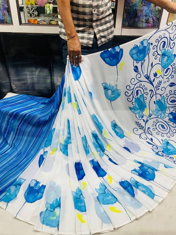     			Sitanjali Lifestyle Georgette Printed Saree With Unstitched Blouse Piece ( Blue )