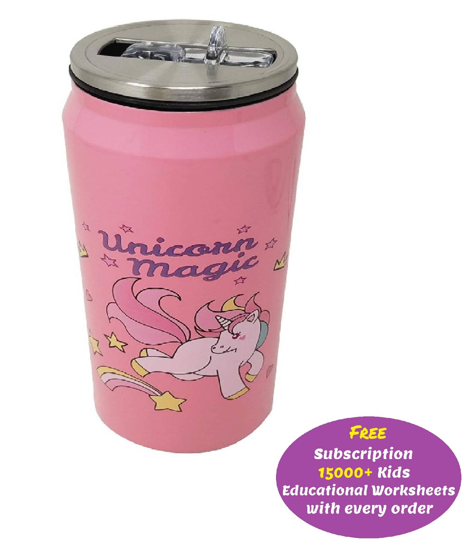     			Stainless Steel Unicorn/Barbie Can Shape Water Bottle/Sipper (500ml, Pink) (Free subscription of kids Educational worksheets)