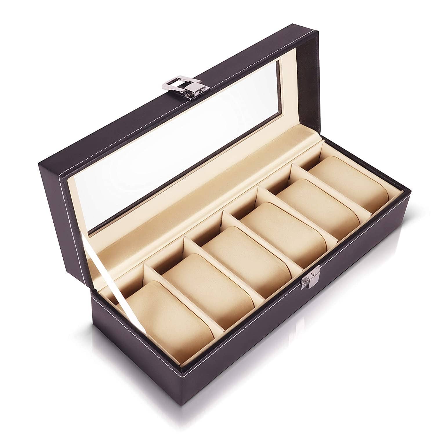 Watch Box Organizer - 6 Slot Watch Storage Holder and Display Collection Box with Transparent Glass - Watch Case Organiser for Men and Women - Travel Friendly Box for Gifts