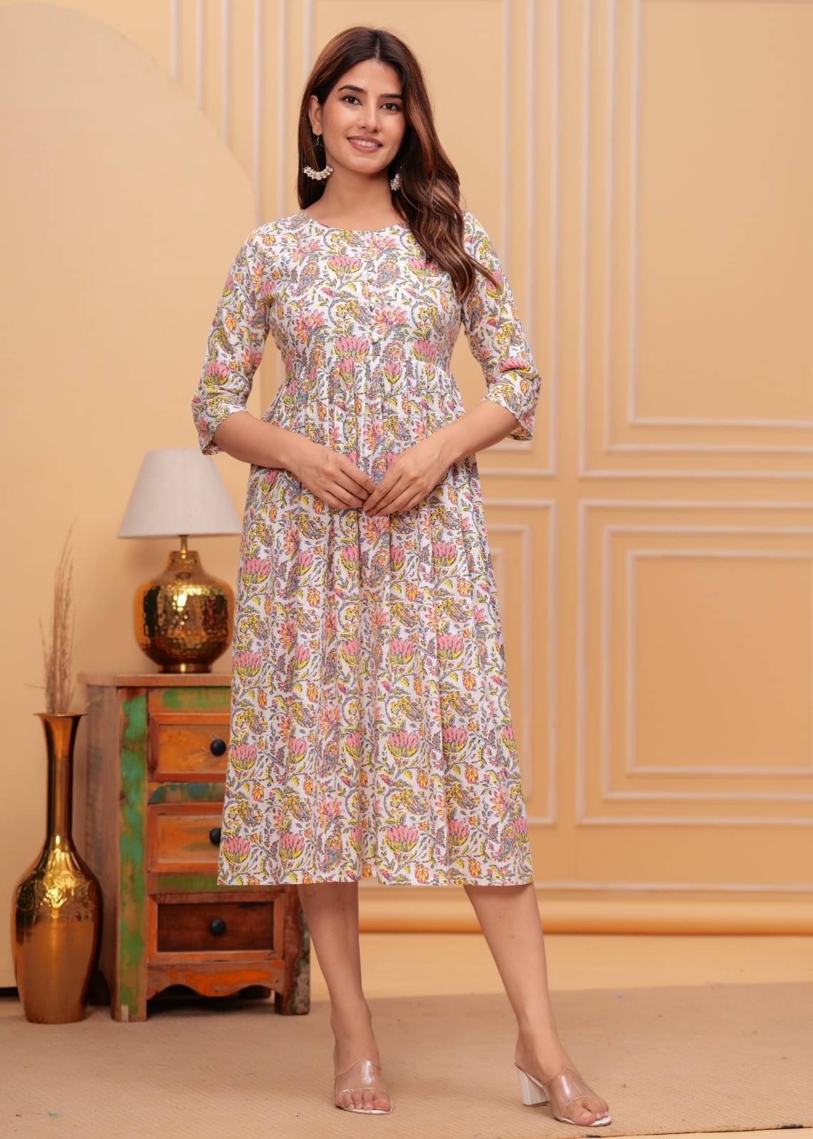 rixry Women Rayon Printed Fit & Flare Dress ( Off White ) rixry Women Rayon Printed Fit & Flare Dress ( Off White )