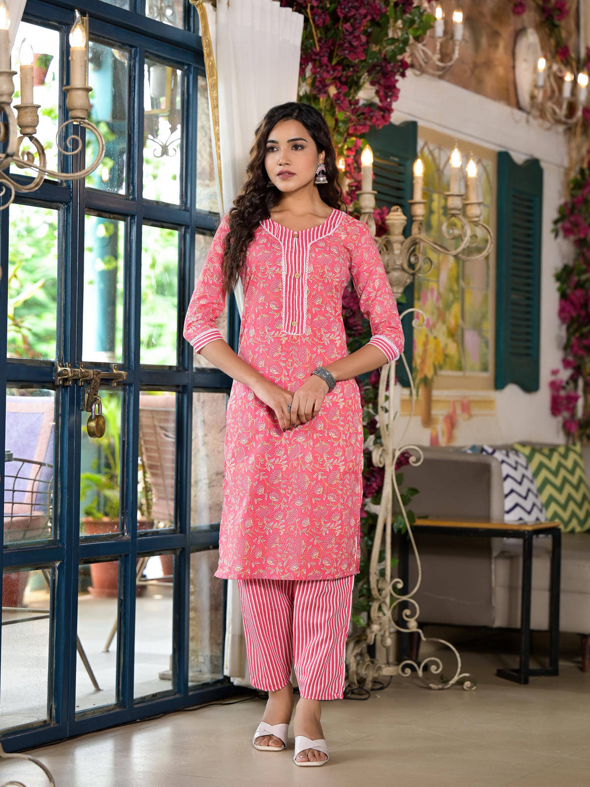     			Juniper Cotton Printed Kurti With Pants Women's Stitched Salwar Suit - Peach ( Pack of 2 )