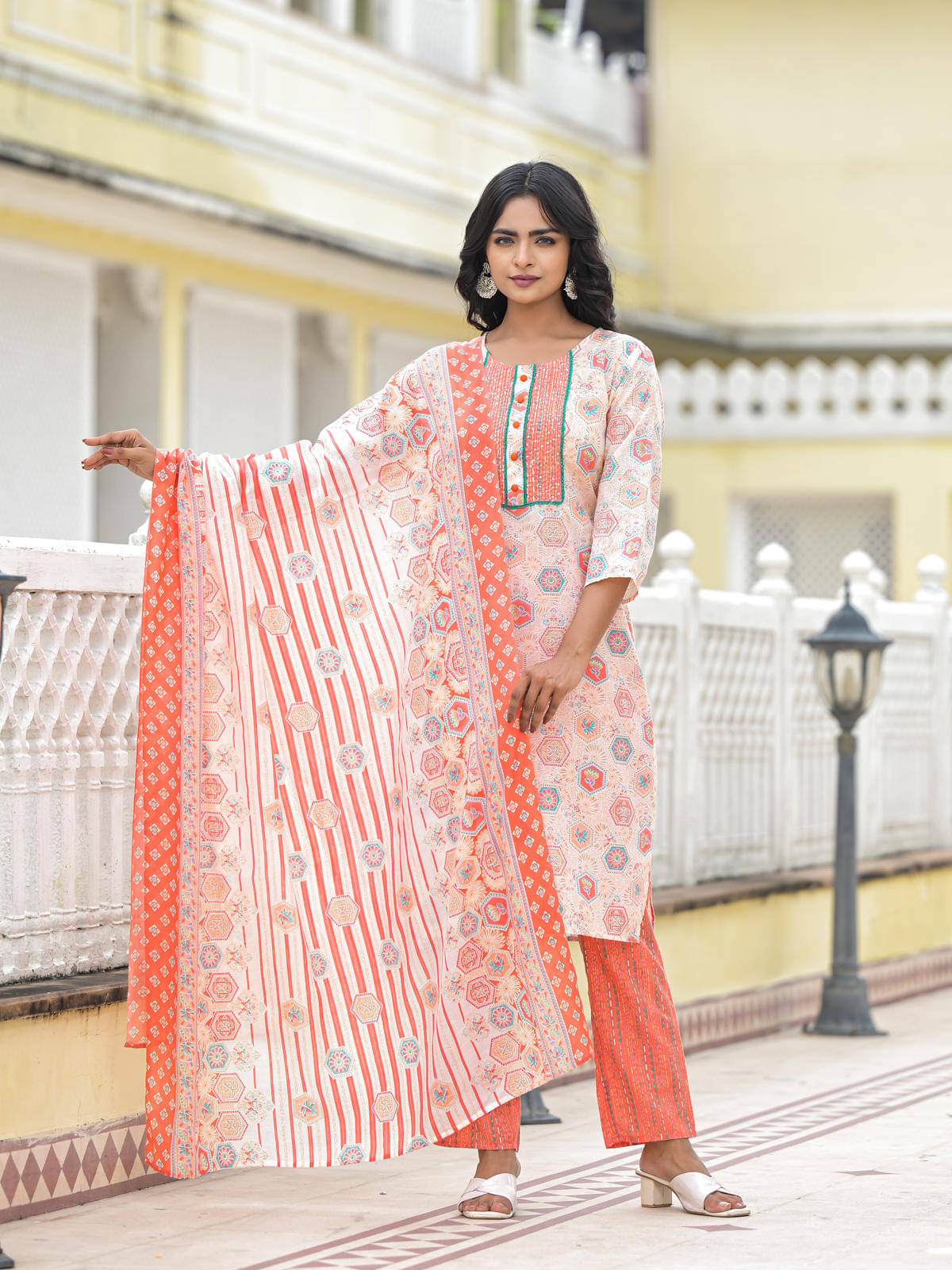     			Juniper Cotton Printed Kurti With Pants Women's Stitched Salwar Suit - Peach ( Pack of 3 )
