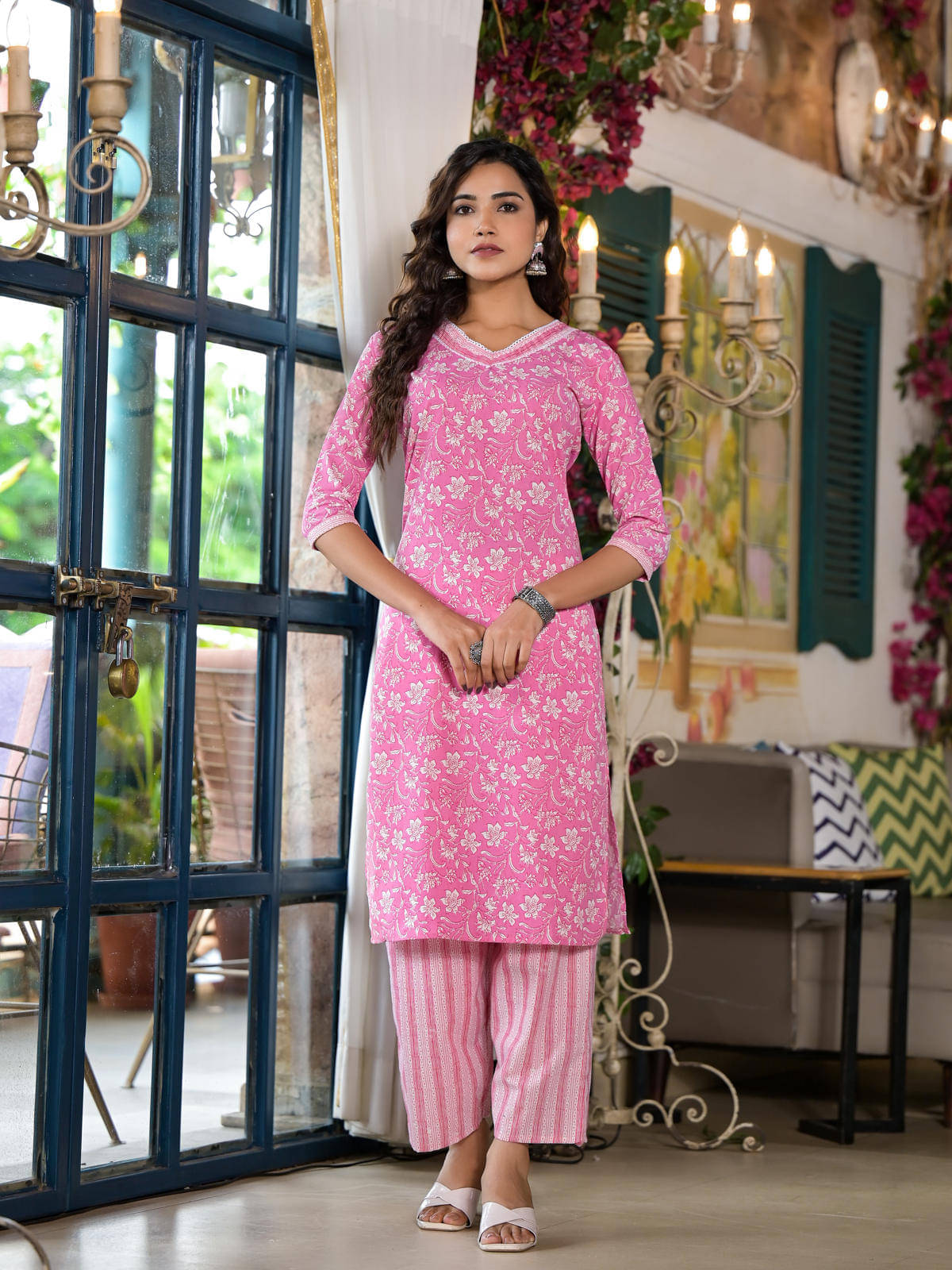     			Juniper Cotton Printed Kurti With Pants Women's Stitched Salwar Suit - Pink ( Pack of 2 )