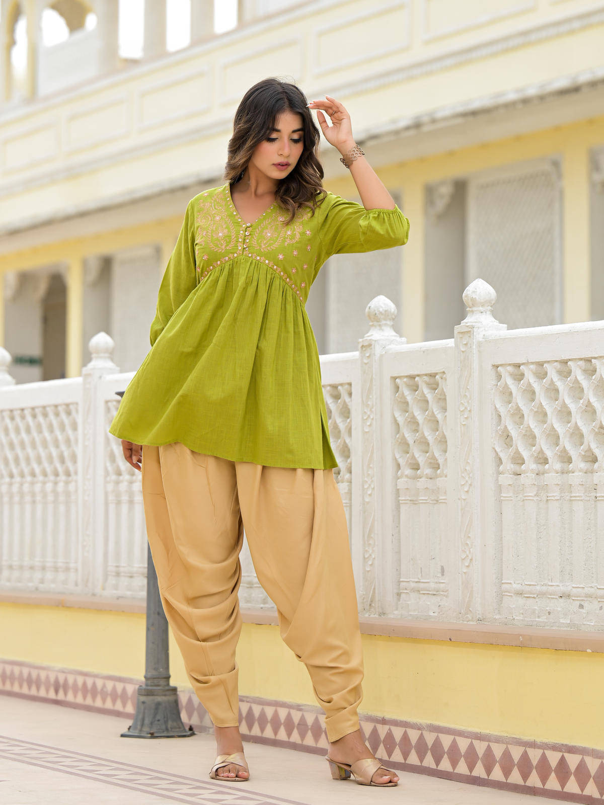 Juniper Cotton Solid Ethnic Top with Dhoti Women's Stitched Salwar Suit - Olive ( Pack of 2 ) Juniper Cotton Solid Ethnic Top with Dhoti Women's Stitched Salwar Suit - Olive ( Pack of 2 )