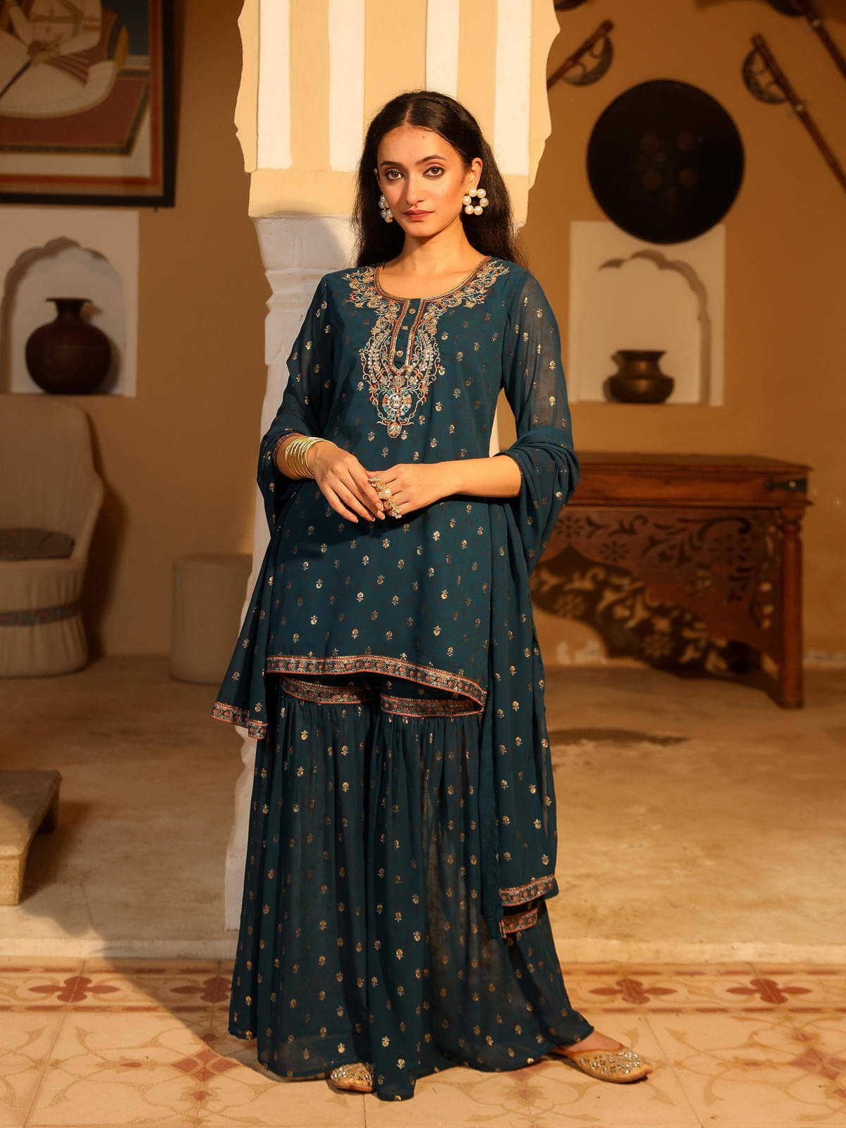 Juniper Georgette Printed Kurti With Pants Women's Stitched Salwar Suit - Teal ( Pack of 3 ) Juniper Georgette Printed Kurti With Pants Women's Stitched Salwar Suit - Teal ( Pack of 3 )