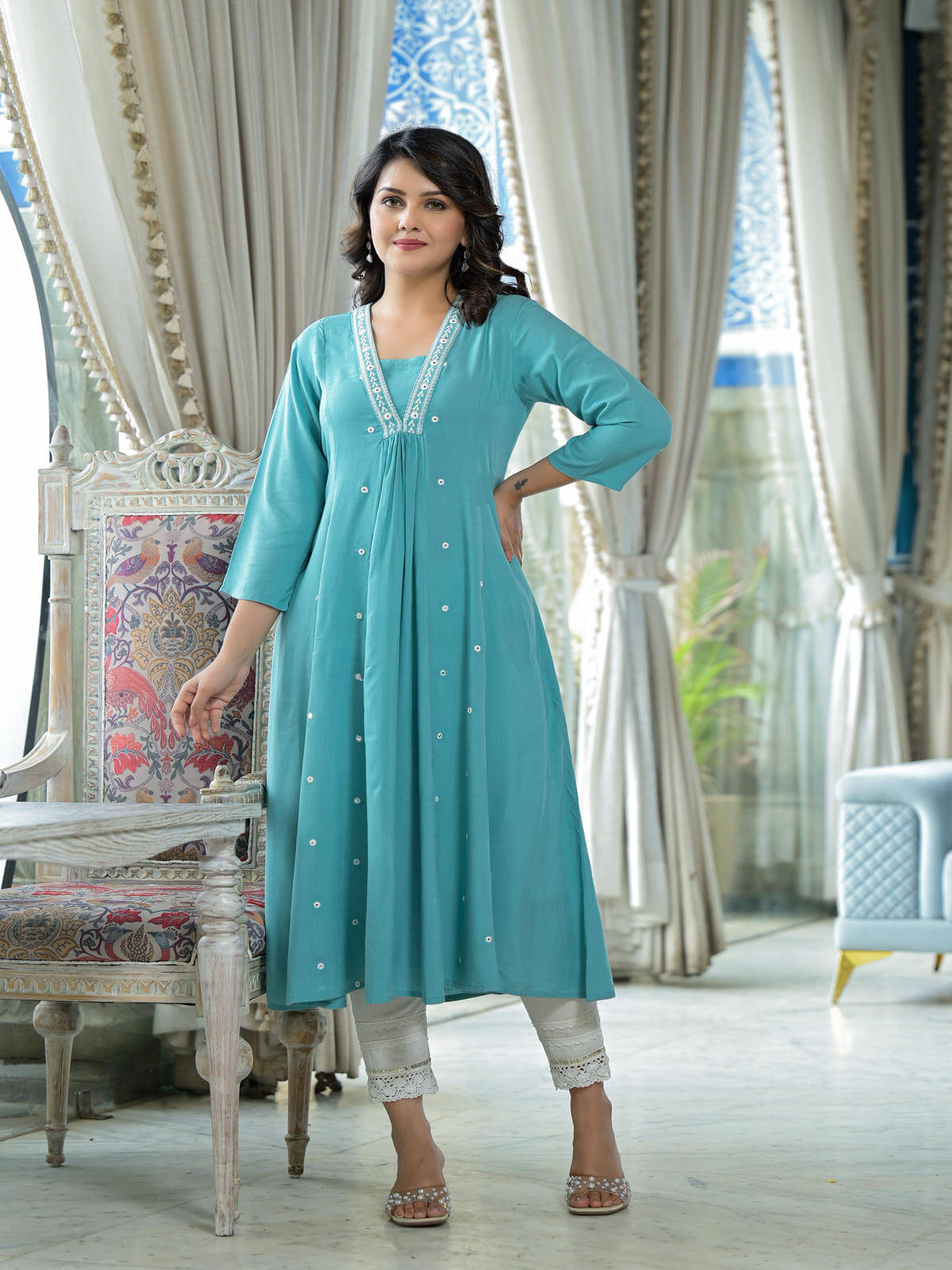 Juniper Rayon Embroidered Flared Women's Kurti - Blue ( Pack of 1 ) Juniper Rayon Embroidered Flared Women's Kurti - Blue ( Pack of 1 )