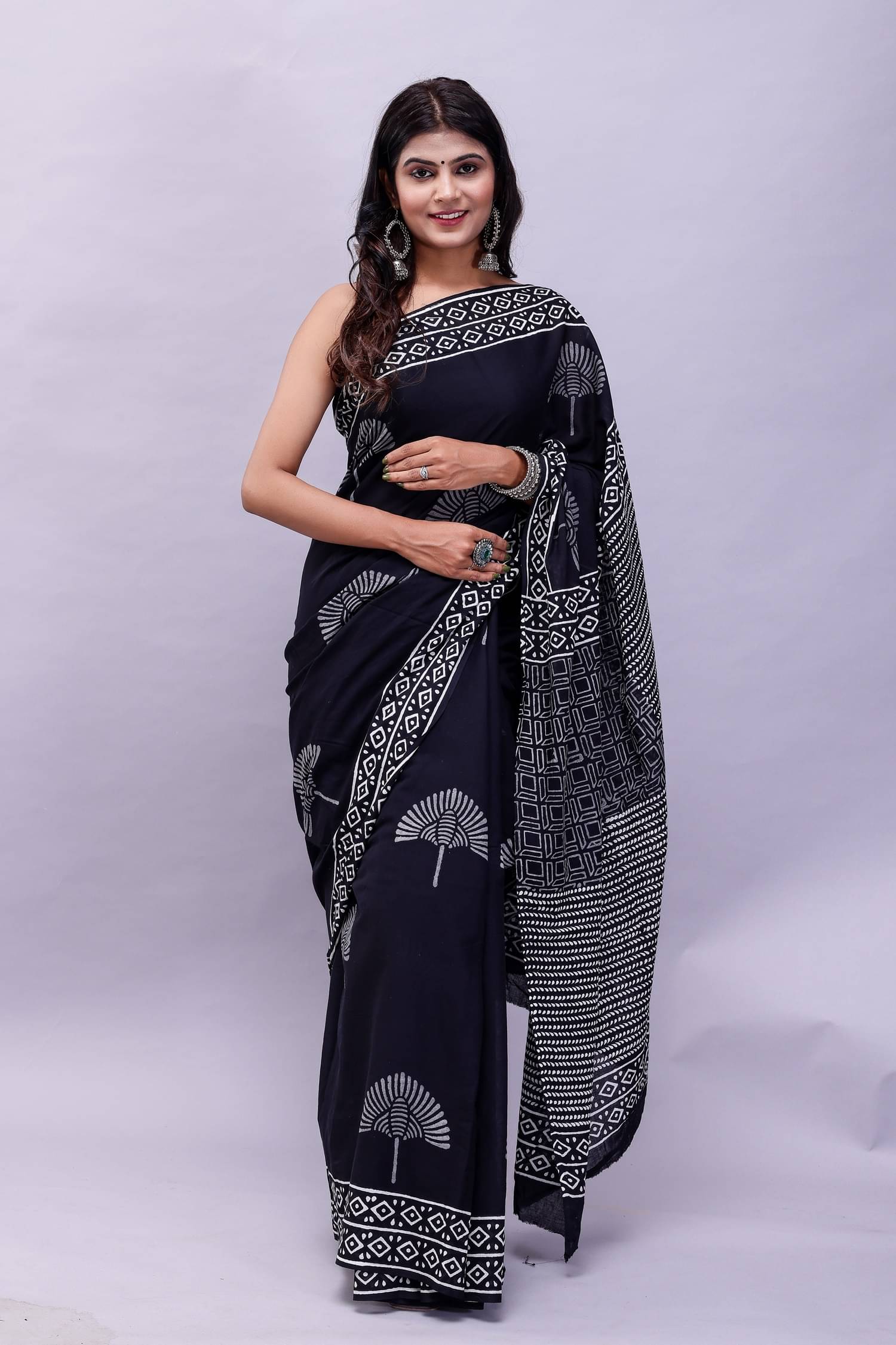     			NOITAERCPR Cotton Printed Saree With Unstitched Blouse Piece ( Black )