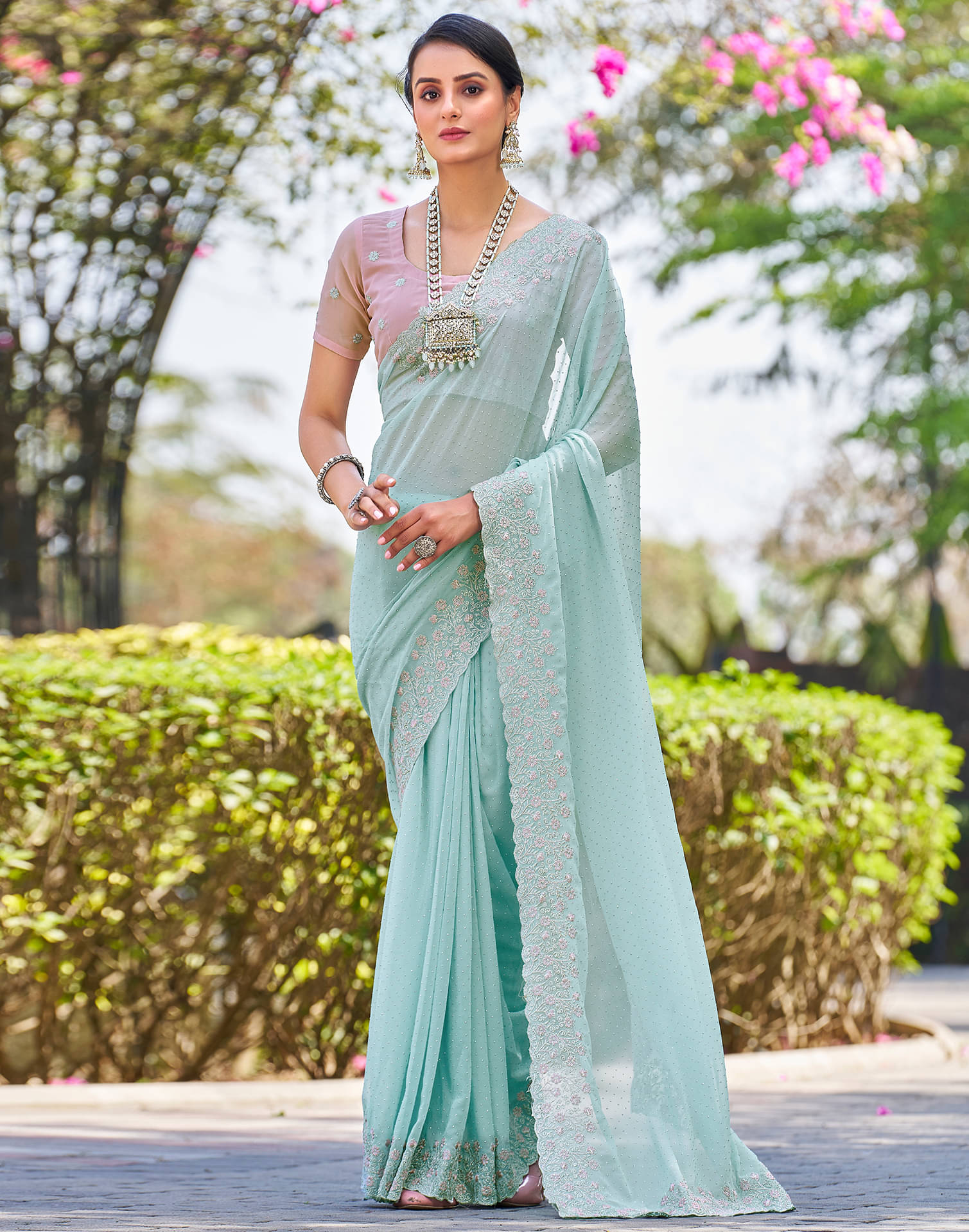 Satrani Georgette Embroidered Saree With Unstitched Blouse Piece ( Light Blue ) Satrani Georgette Embroidered Saree With Unstitched Blouse Piece ( Light Blue )